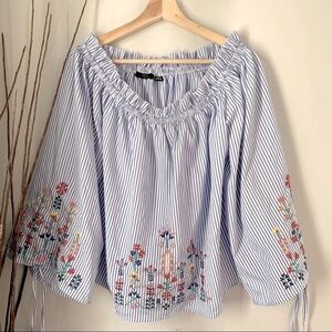 RDI Top Off the Shoulder Striped Floral Embroidered Women’s Size Large